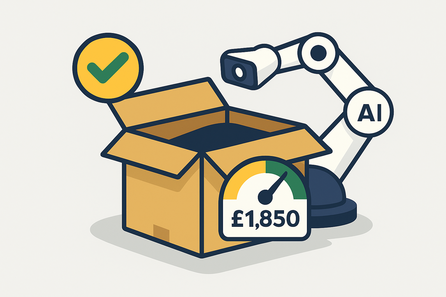 Illustration of an open cardboard box with a price gauge showing £1,850, a checkmark, and a robotic arm labeled AI, symbolizing automated EPR fee calculation and compliance.